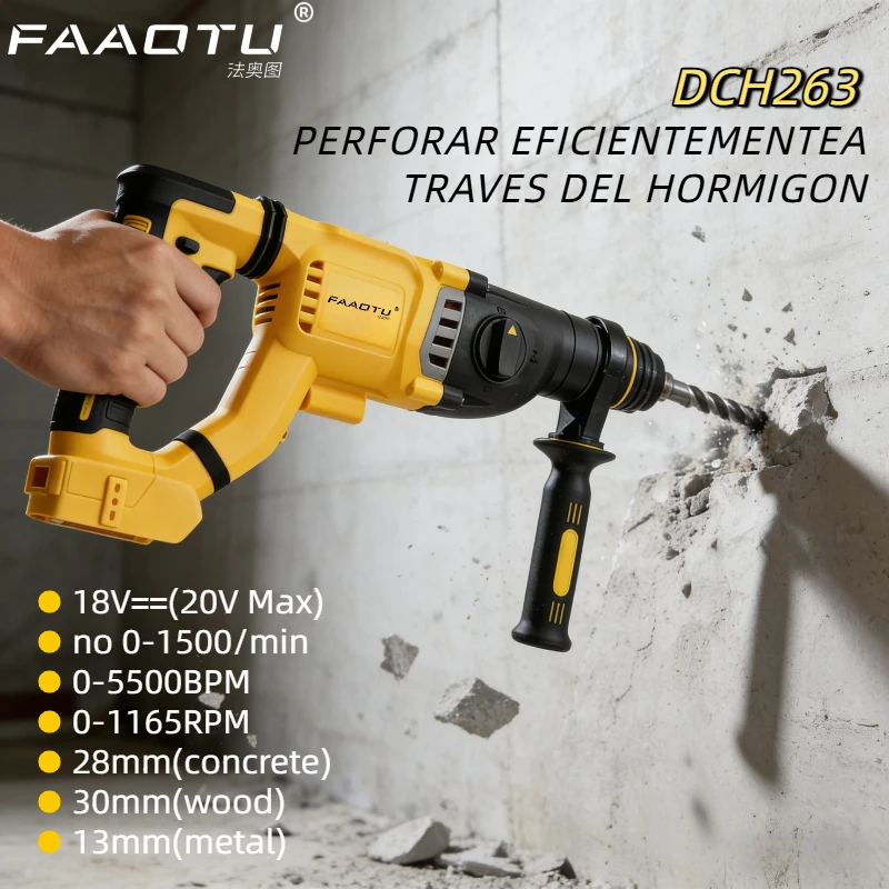 FAAOTU DCH263 20V Brushless Cordless Hammer SDS PLUS D-Handle Rotary Electric Hammer Wall Concrete Drill Hole Power Tools