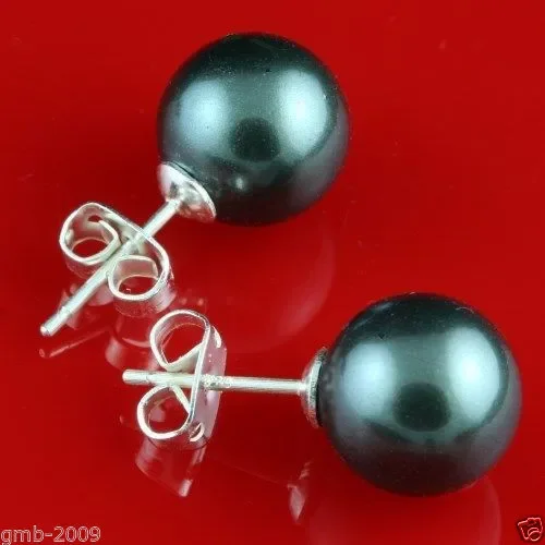 

Hot sale new Style 8mm Real Round Black South Sea Shell Pearl 925 Sterling Silver Stud Earrings AAA