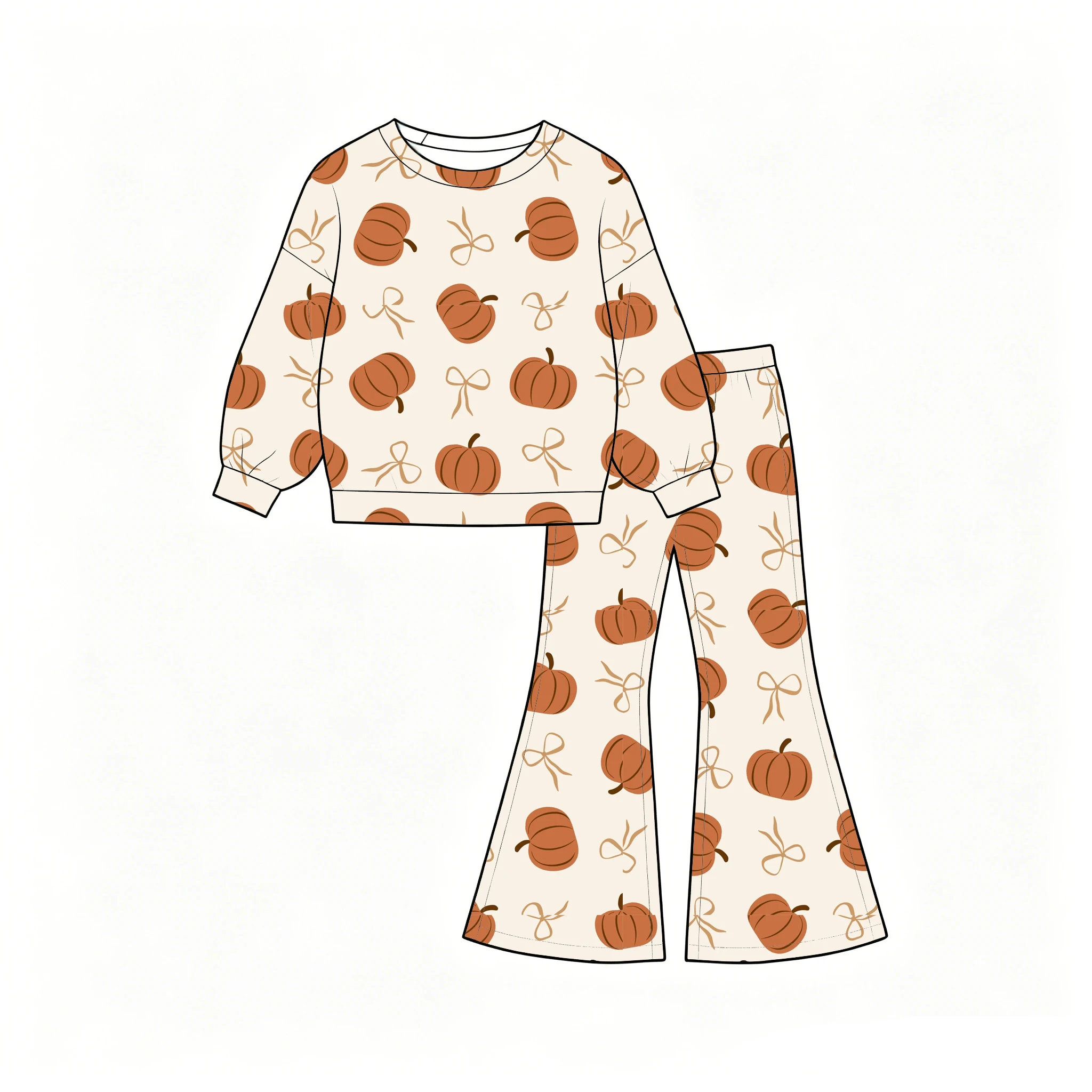 Thanksgiving boutique children's pajama set Long sleeves and flared trousers pumpkin print custom