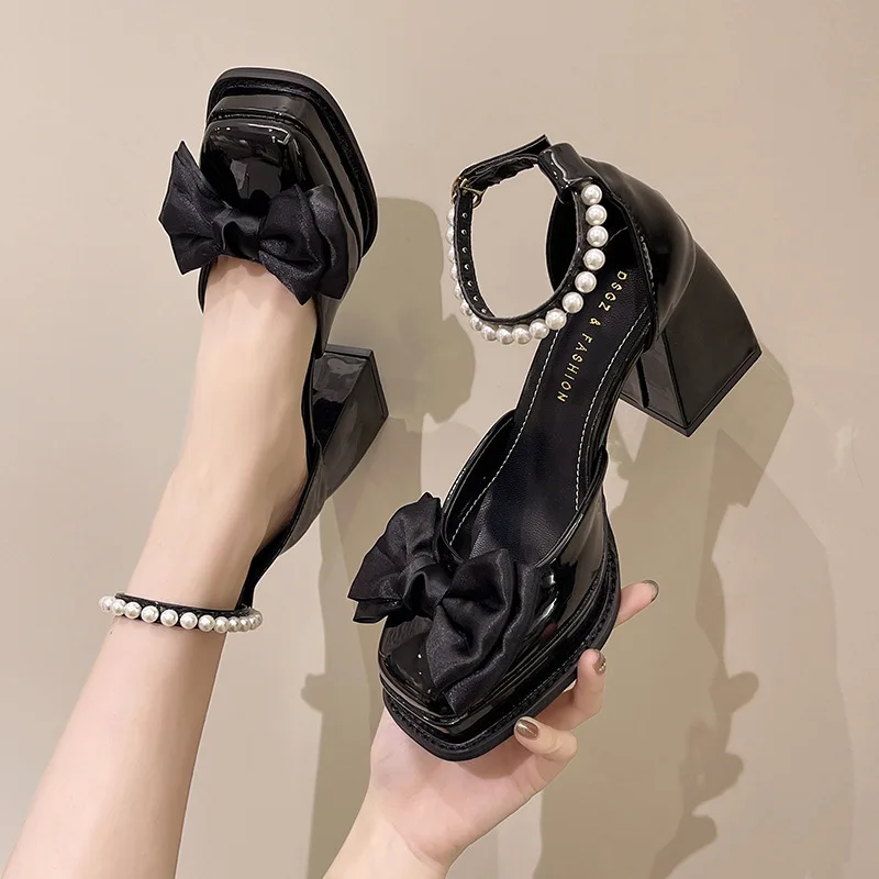 Bow 9cm High Heels, Chunky Heels Mary Jane Shoes Pearl Line with Waterproof Platform Single Shoes, Bao Toe Sandals Buty damskie