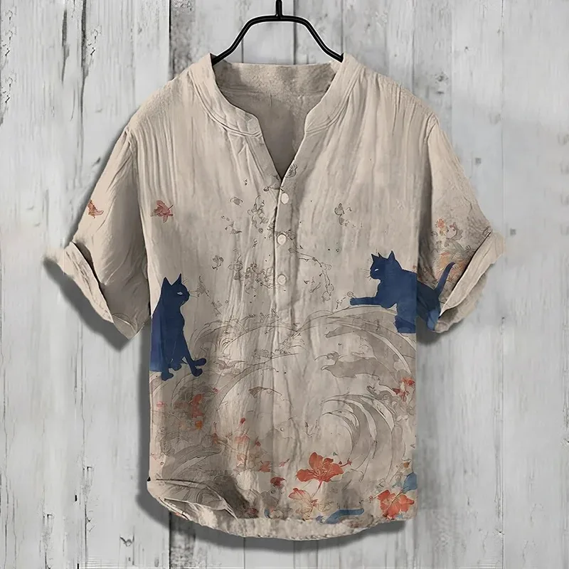 

Men's Tops Vintage Floral Cat Japanese Art Print Half Button Shirt Casual Loose V-neck Retro Style Short Sleeve Tunics Oversized