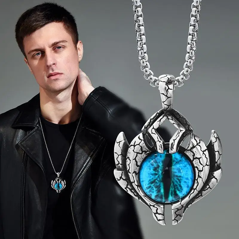 Retro Gothic Blue Devil's Eye Anhänger Halskette Herrenmode Punk Hip Hop Rock Trend coolen Schmuck