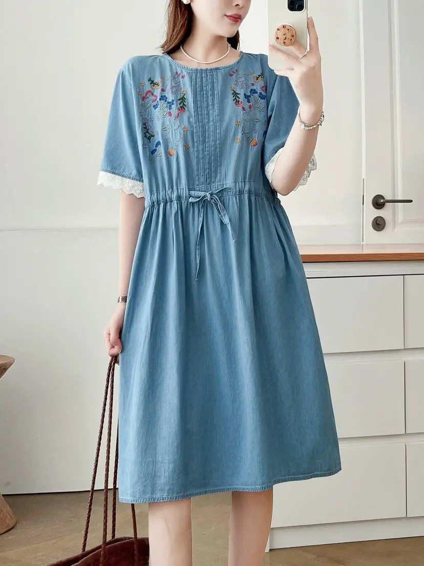 New 2026 Summer Women Short Sleeve Denim Dresses, O Neck Lace Embroidery, Mori Girl Fashion Age Reduction Loose Dress D65596CC