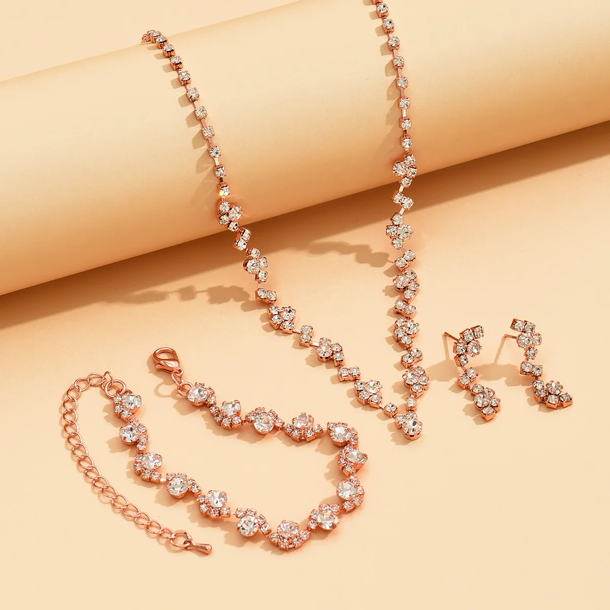 TREAZY NEW rose gold color Rhinestone Wedding Jewelry Sets for Women Crystal Necklace Earrings Bracelet Bridal Jewelry Sets