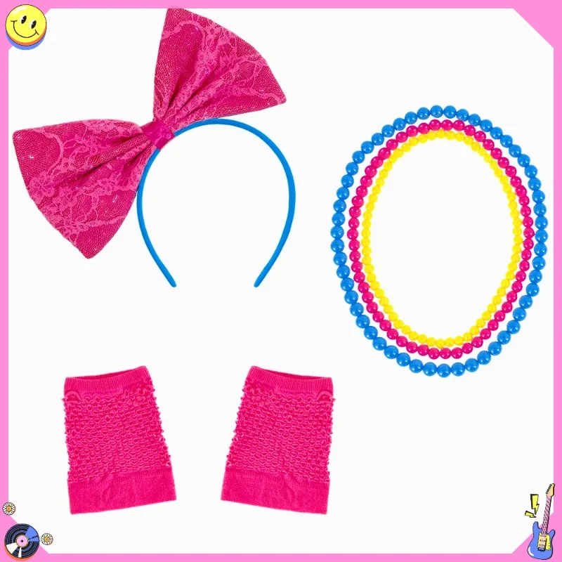 Kostuumaccessoires 80s Disco Party Set -6-delige retro hoofdband, choker en polsbandset met strikdetails