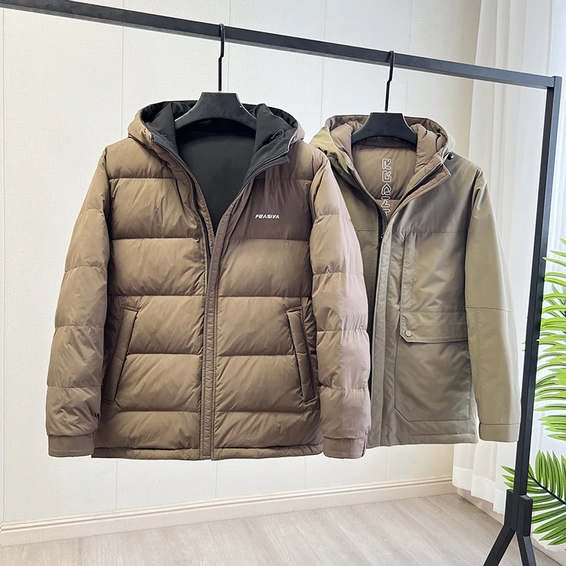 Men's Outdoor Warmth Duck down Jacket Hat Integrated Thickened Cotton Coat Double-Sided Wear 90 Duck Feather Autumn Winter