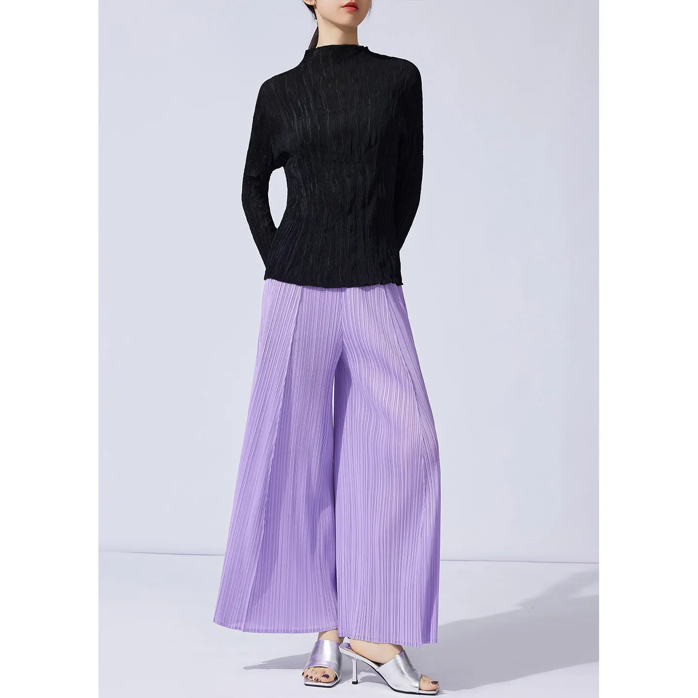 

Miyake Fold 2026 New Summer Fashion Black Fold Top Premium Purple Wide Leg Pants Women's Set Spring and Autumn Dressing Pleat