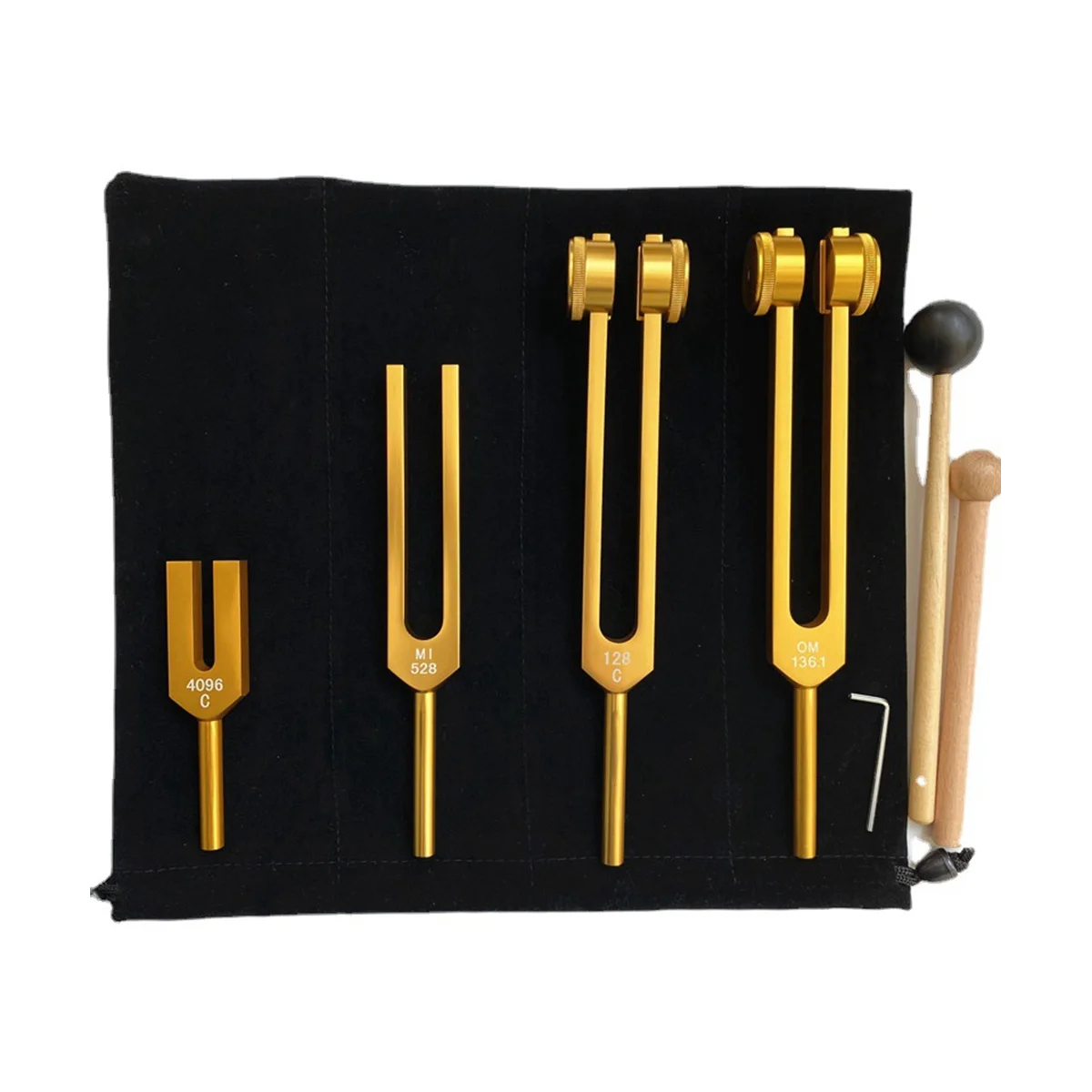 New 4 Piece Tuning Fork Set (4096C, MI528, 128C, OM136.1) for Solfeggio, for Chakras, Sound Healing, Stress Relief, Gold