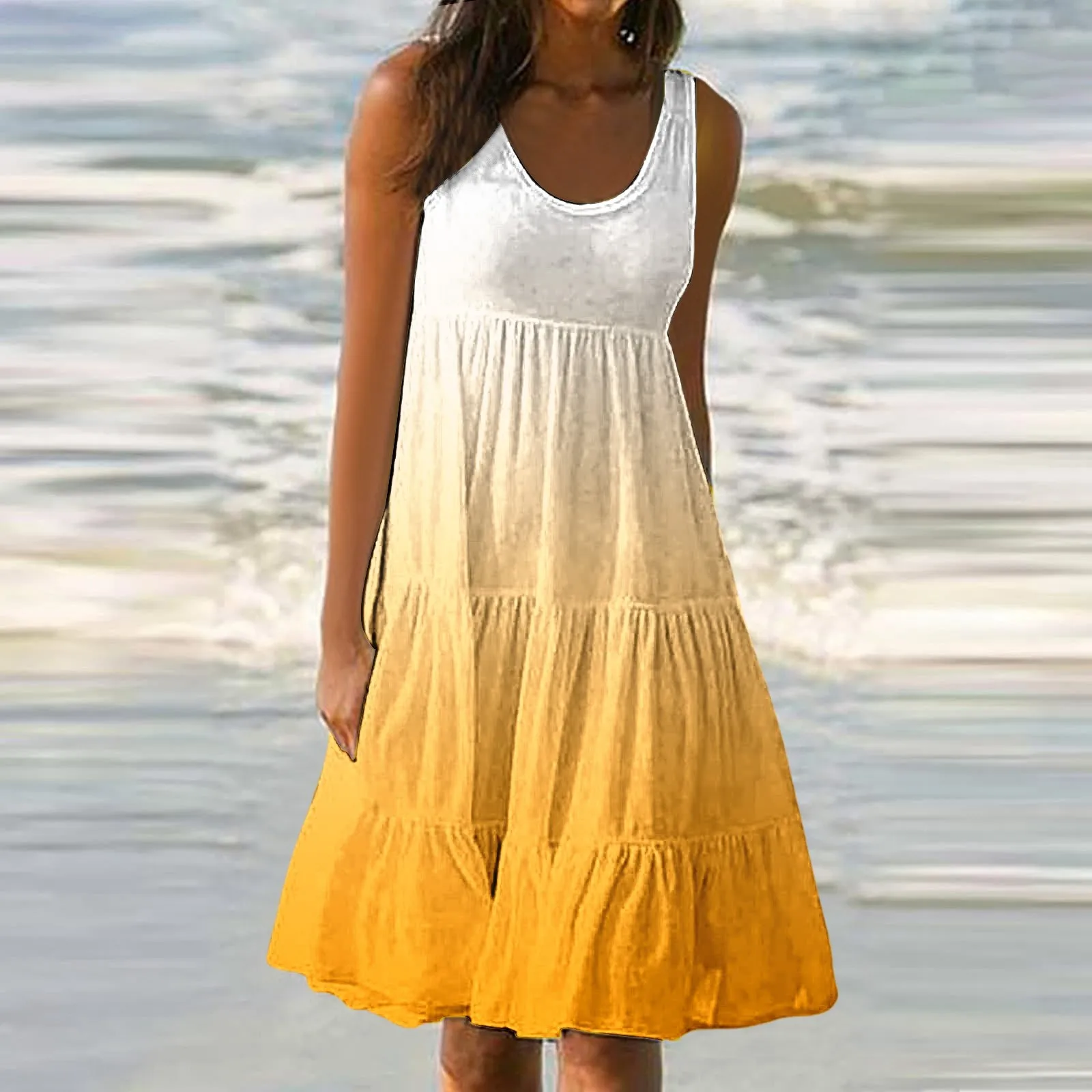 Women Causual O-Neck Sleeveless Ruffles Mini Dress Elegant Boho Solid Beach Sundress Oversized Loose Dresses 2024 Summer Vestido