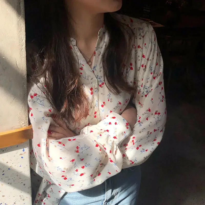 Blouses Women Elegant Floral Ulzzang V-neck Chic Autumn Ladies Clothes Top Long Sleeve Lovely Simple Sweet Popular Womens Blusas