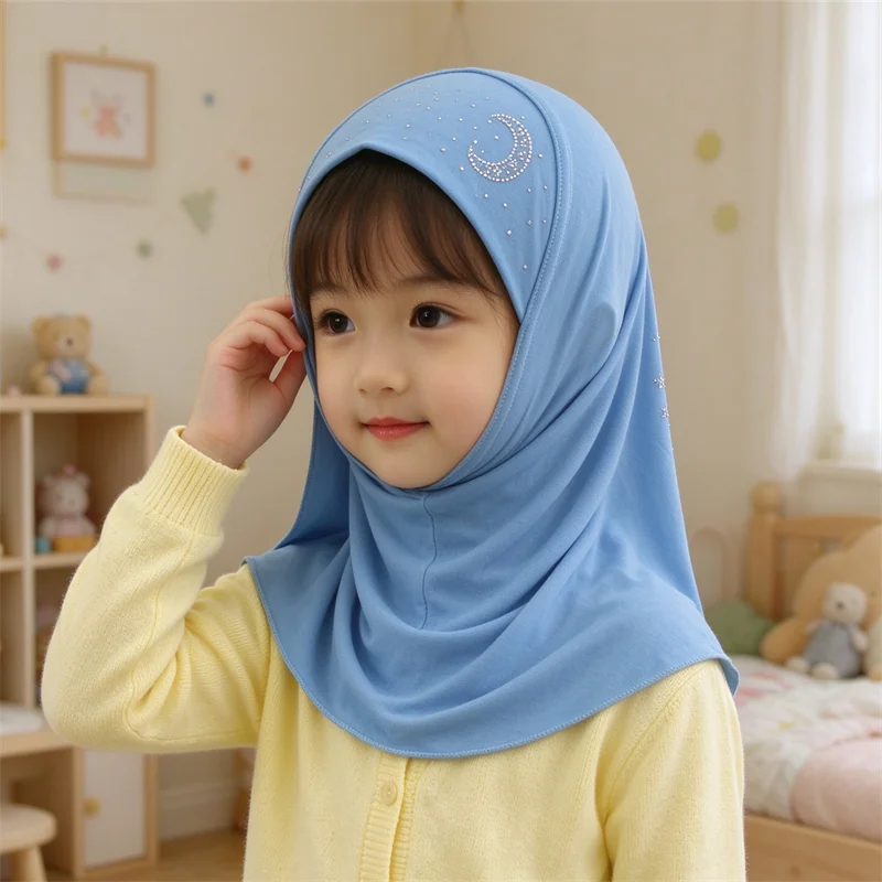 Crystal Hemp Beautiful Printed Diamond Moon and Star Patterns Small Child Headscarf Cute Scarf Amira Muslim Hijab 2-6Year Kids