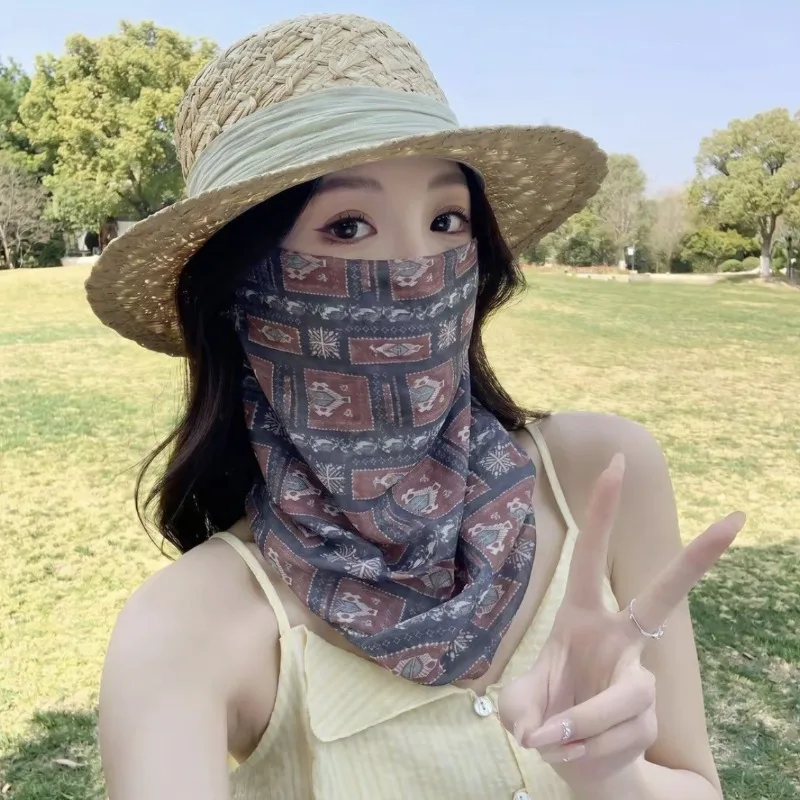 Summer Women Full Face Ice Silk Sunscreen Mask Scarf Neck Protection Good Looking Versatile Sunshade Veil Riding Outdoor