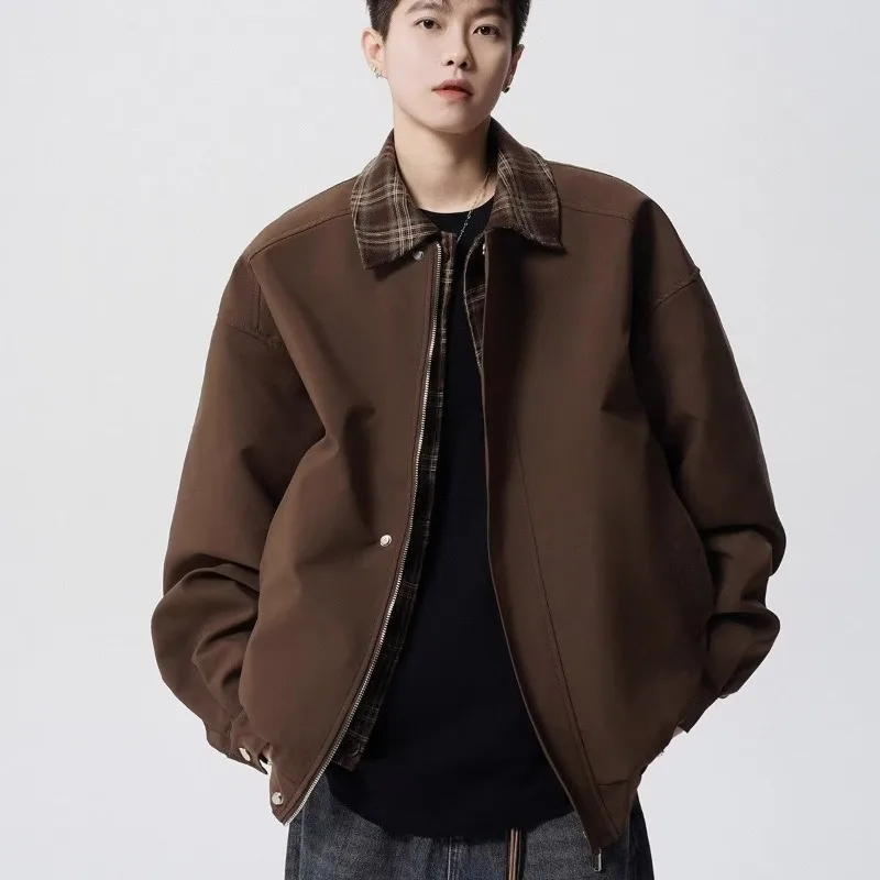 

Men Plaid Patchwork Jackets Spring Autumn Long Sleeve Turn-down Collar Outerwear Male Casual Loose Zipper Coats Chic Streetwear