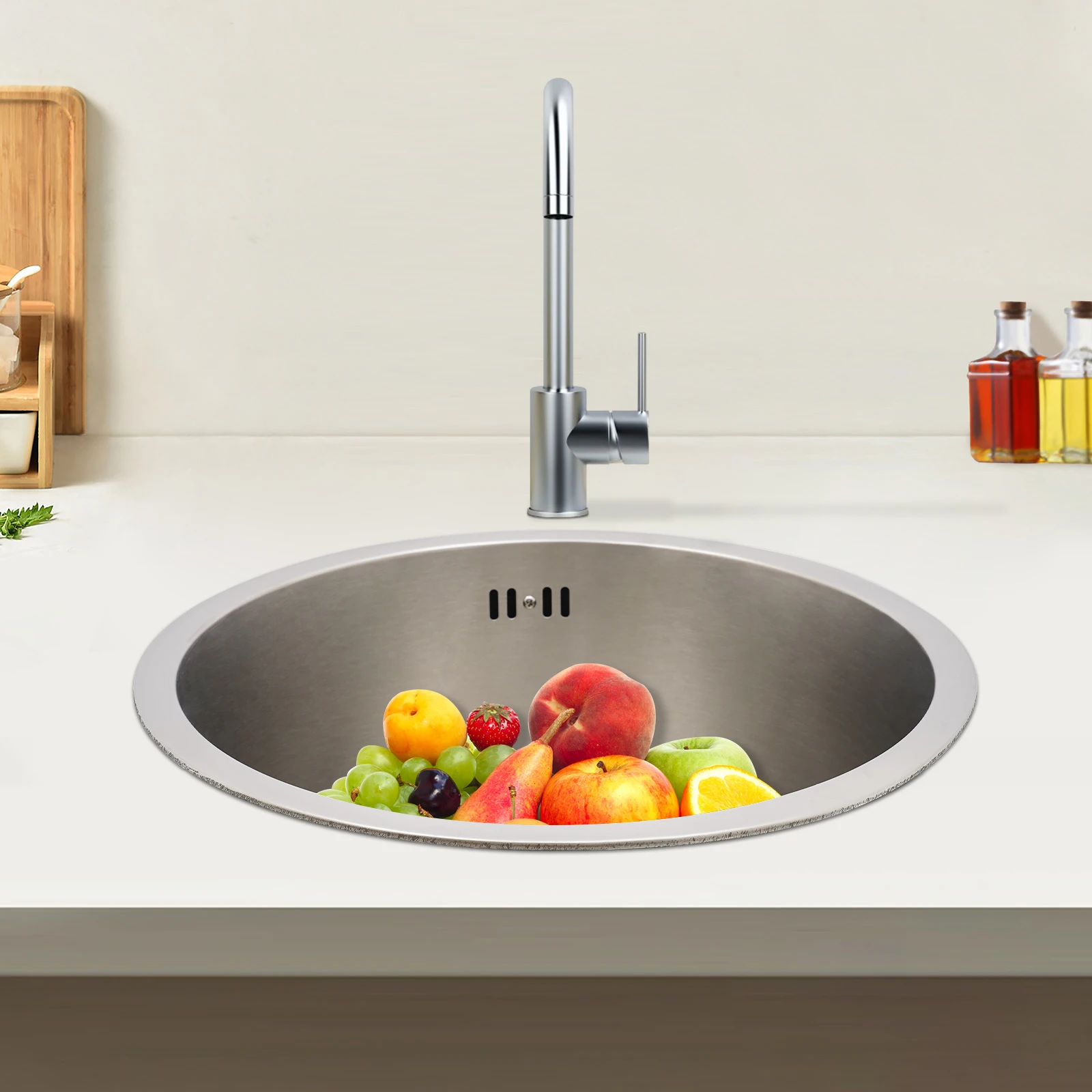 Image 3: Mini évier rond rond avec raccord de tuyau de vidange, 41cm de diamètre, acier inoxydable 304 pour la cuisine