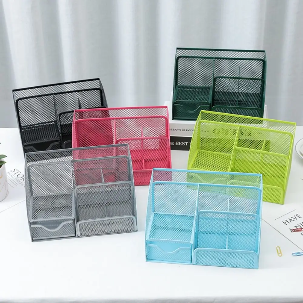 

Creative Multi Grid Pen Holder Multi-functional Metal Mesh Desktop Office Organizer 6 Compartments 1 Drawer Desk Organizer