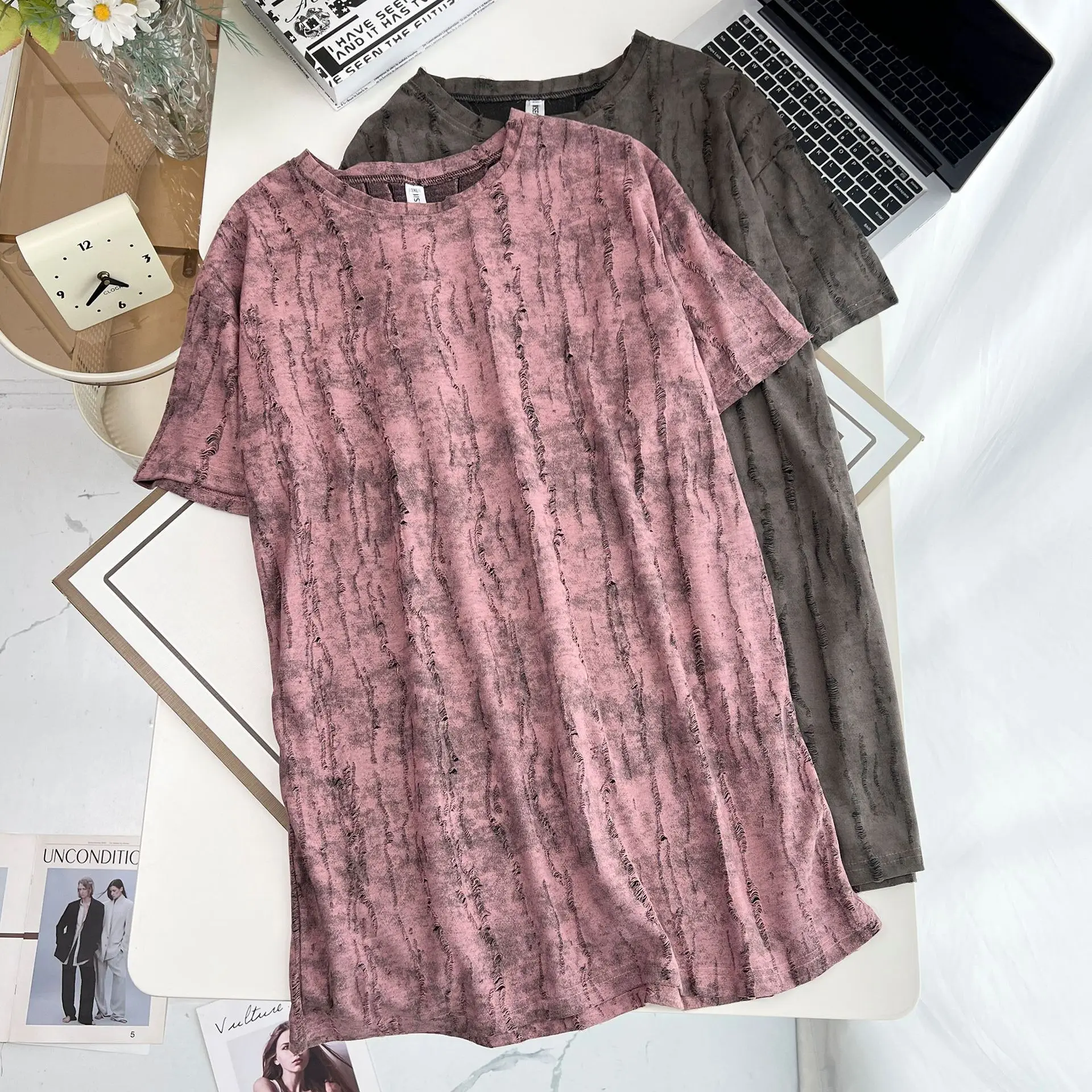 Gaun Wanita Ukuran Besar 100KG Gaun Lengan Pendek Lubang Robek Panjang Menengah Modis Baru Musim Panas 1648