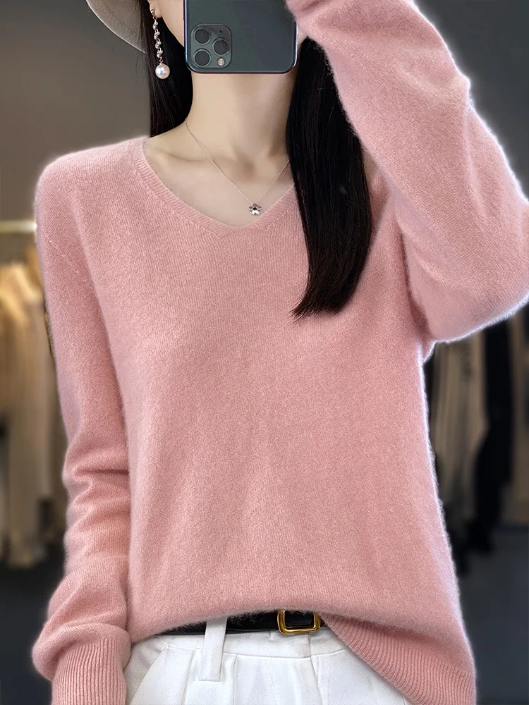Women V-neck Knitted Pullover 100% Merino Wool Long Sleeve Thin Sweater For Spring Autumn Solid Casual Knitwear Korean Clothing