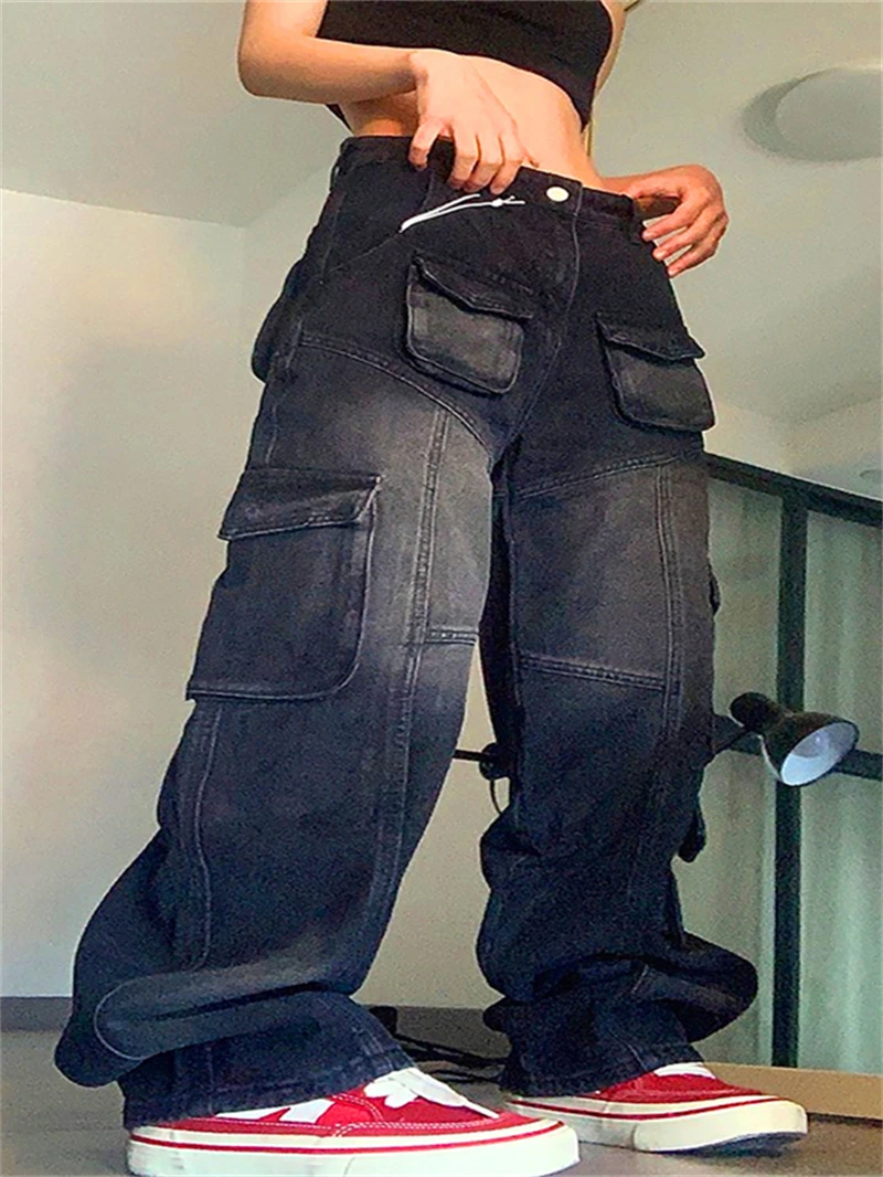 스트릿웨어 데님 카고 팬츠 가을 여성 하이웨이스트 멀티 포켓 스트레이트 진 카우보이 캐주얼 청바지 데님 팬츠