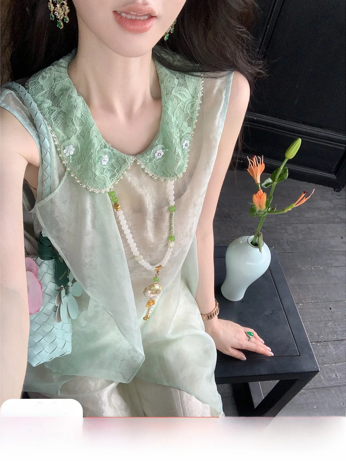 Syqiao Baby Doll Shirt Thin Silk Loose Sleeveless Lace Collar Summer Top Women's Fashion Lightweight Classic Length Regular Fit