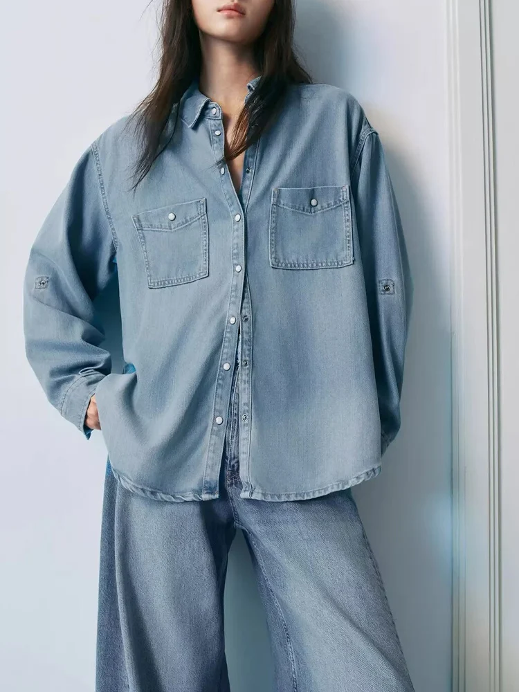 

European and American style 2025 autumn new arrivals women's clothing lapel loose long sleeve loose denim shirt