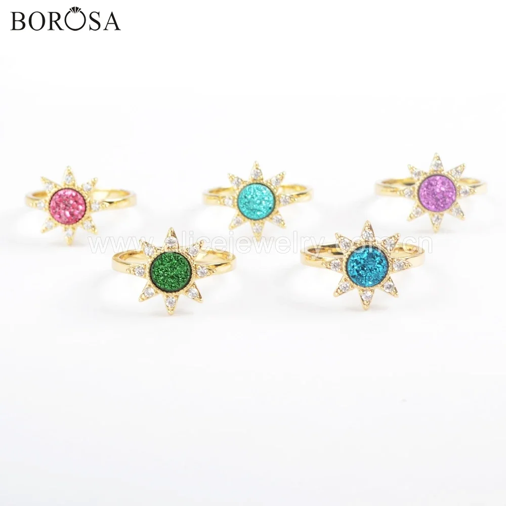 BOROSA 5/10PCS New Golden Plated Bezel Drusy Rings CZ Micro Pave Crystal Star Sparkling 7mm Round Rainbow Druzy Rings Jewelry