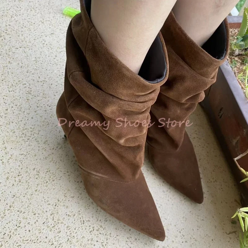 

Brown Suede Pleated Pointed Ankle Boots Women Retro Kitten Heel Slip On Short Boots Fashion Elegant Party Catwalk Ladies Shoes