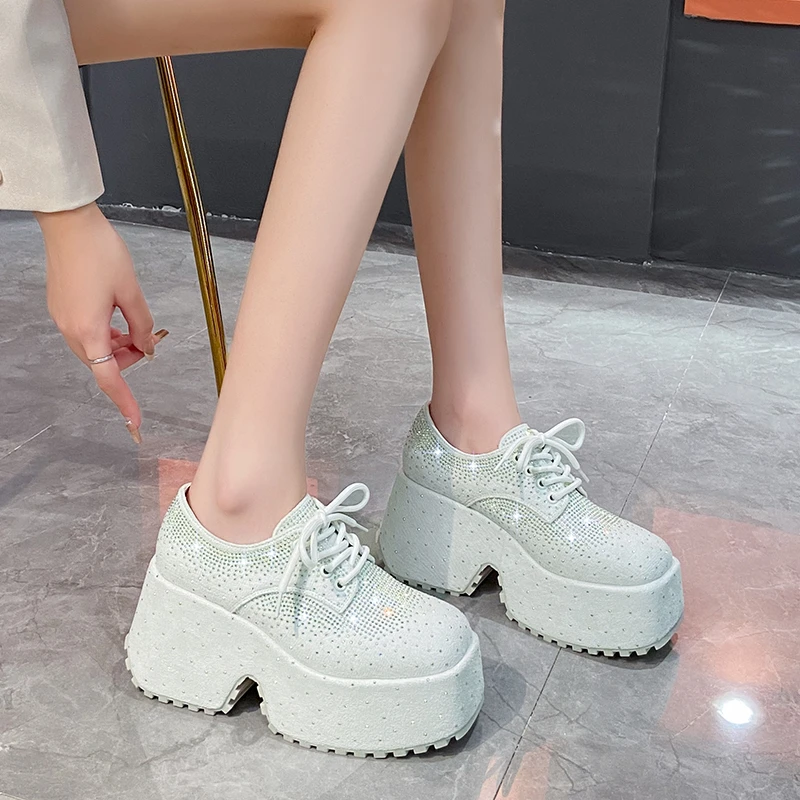 Designer Autumn Spring Leather Women Shoes New Style 9.5CM Platform Shoes Platforms Sneakers Tide Shine Bling Rhinestone Shoes