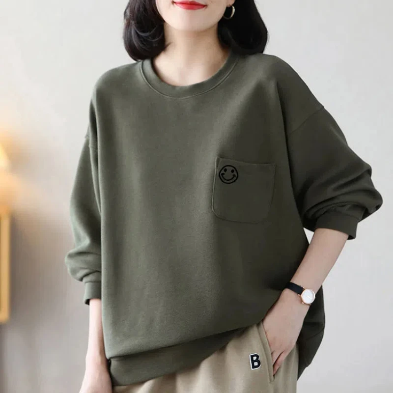 Women's Clothing Spring Autumn Round Neck Solid Color Pocket Lantern Long Sleeve Geometric Hoodies Casual Elegant Loose Tops