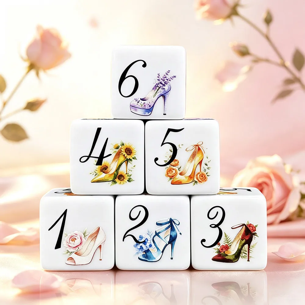 12Pcs 16MM D6 Acrylic Dice Watercolor Floral High Heel Shoe Print DND RPG Tabletop Gaming Dice For Role‑Playing Board Game Dice