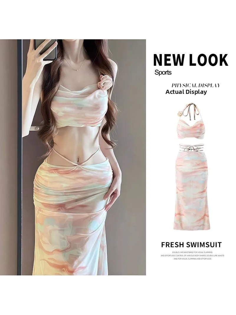 Women's Bikini Swimsuit 2025 New Separate Three-piece Set Sexy Long Dress High-end Feel Steel Support Gather Beach Vacation