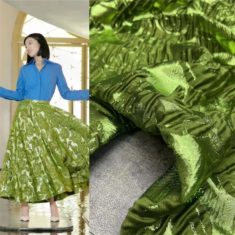 V Family\'s Autumn Popular Texture Rose Green Jacquard Silk Fabric High End Skirt Coat Clothing Designer Materials Pleated Fabric