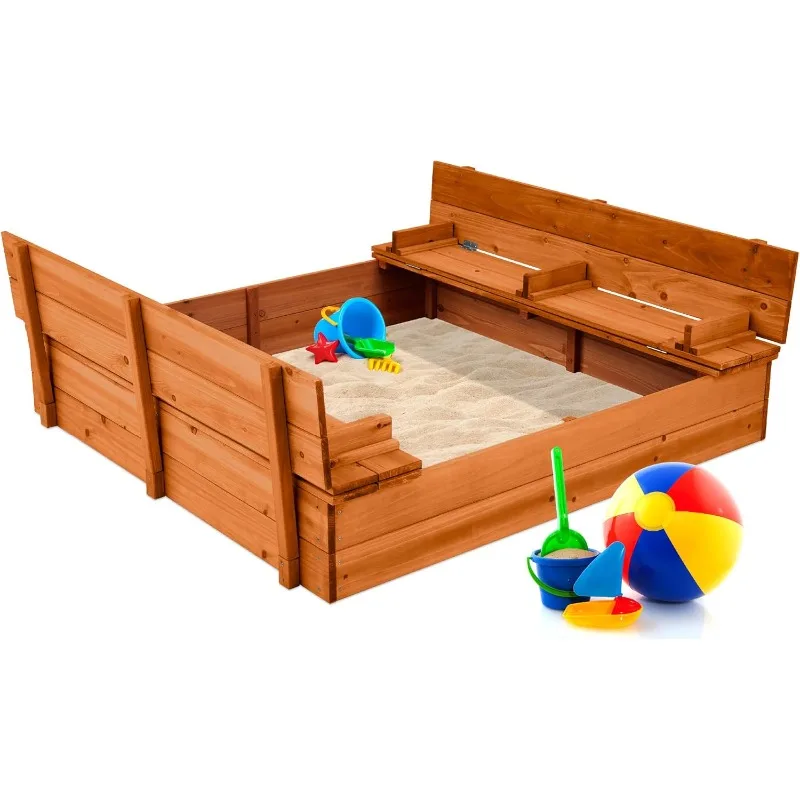 

Детская уличная деревянная песочница, большая, кедровое дерево со складными скамейками и защитой от песка, нижняя подкладка