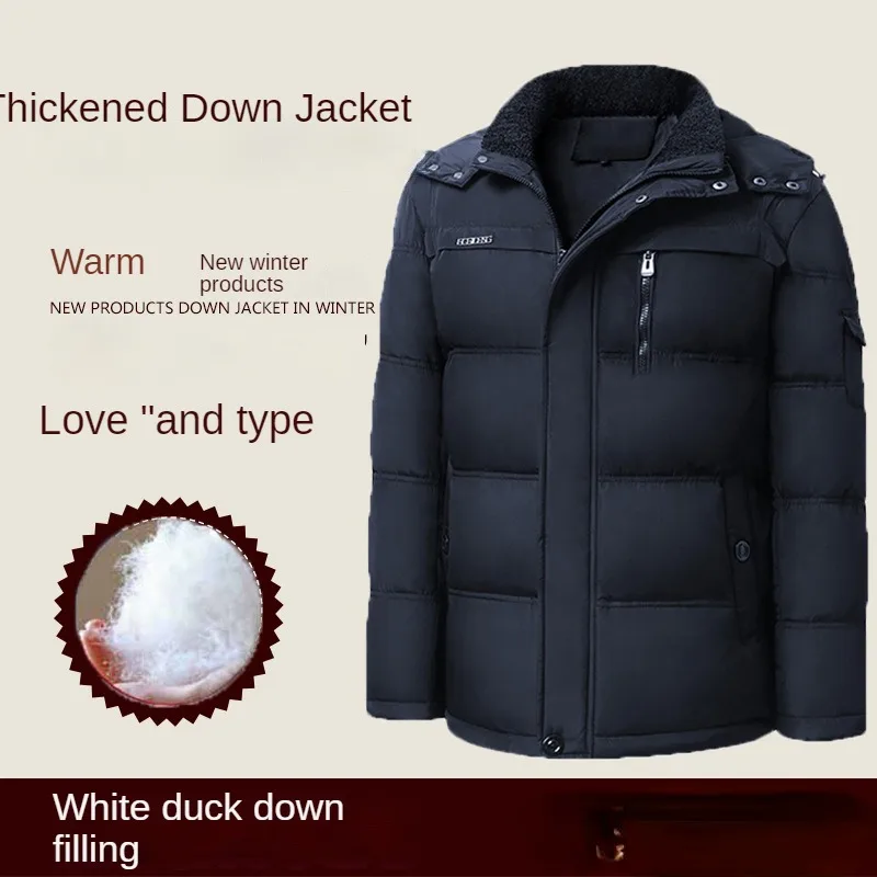 

Mens Winter New Middle Aged Elderly Down Jackets Mens Casual Loose Hooded White Duck Down Coats Thicken Warm Tops Dad Clothing