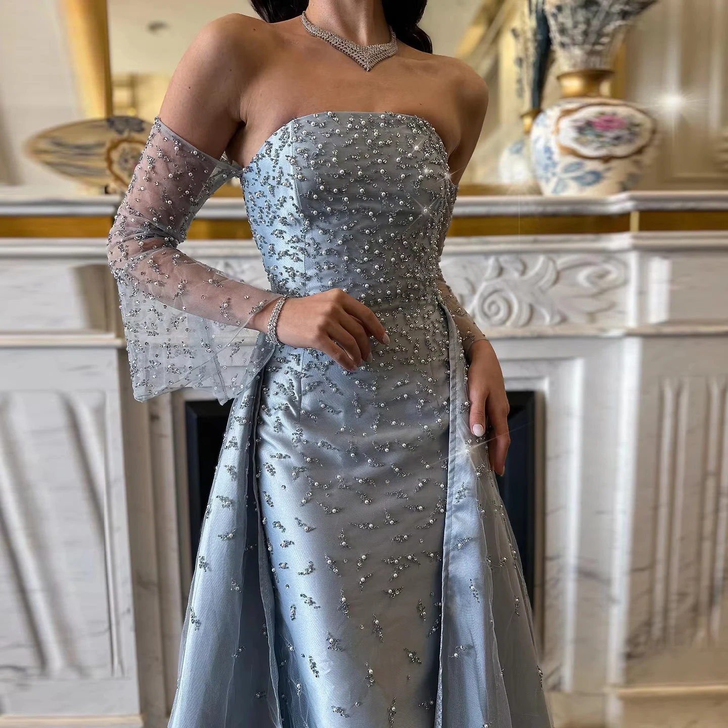 Arabic Silver Gray Luxury Dubai Evening Dress With Overskirt Sleeves Woman Wedding Party Elegant Prom Formal Gowns Lsz484