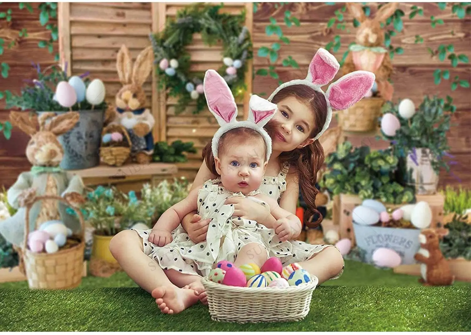 Easter Backdrops for Photography Decoration Green Meadow Wooden Board Eggs Carrot Flowers Rabbit Child Photograpic Studio Props