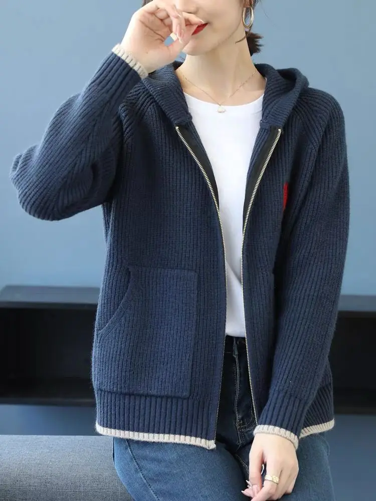 Hooded Jacket with Zipper Cardigan Sweater Embroidered Women's Top Fashionable Hoodie Knitted Sweater