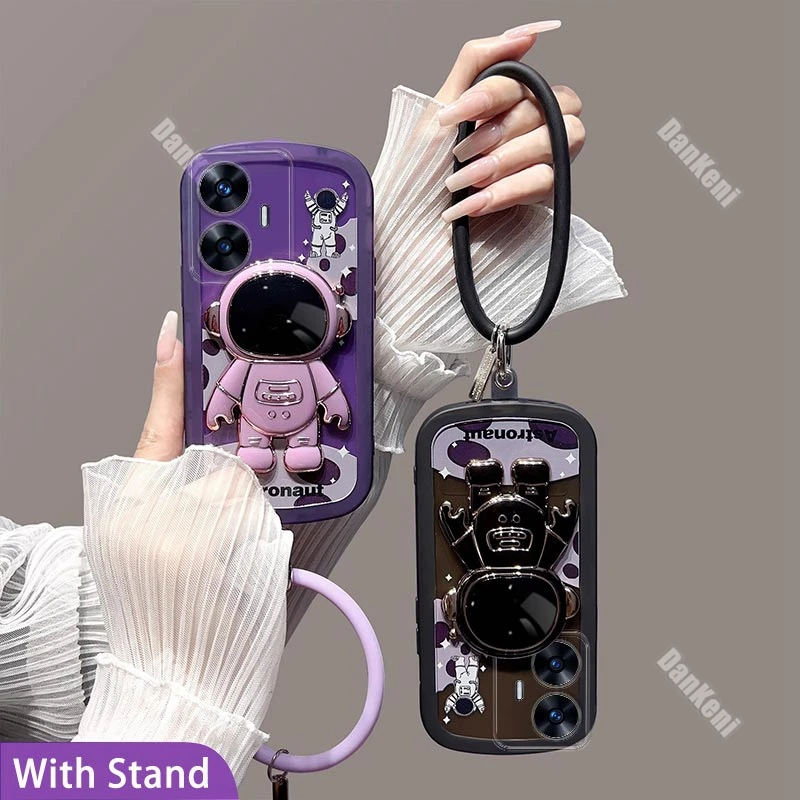 Lunar Astronaut Bracelet Silicone Holder Phone Case For Realme C55 C30 C21Y C25Y C25 C20 C15 C11 11ProPlus 10Pro 9i 8 7i 6 Cover