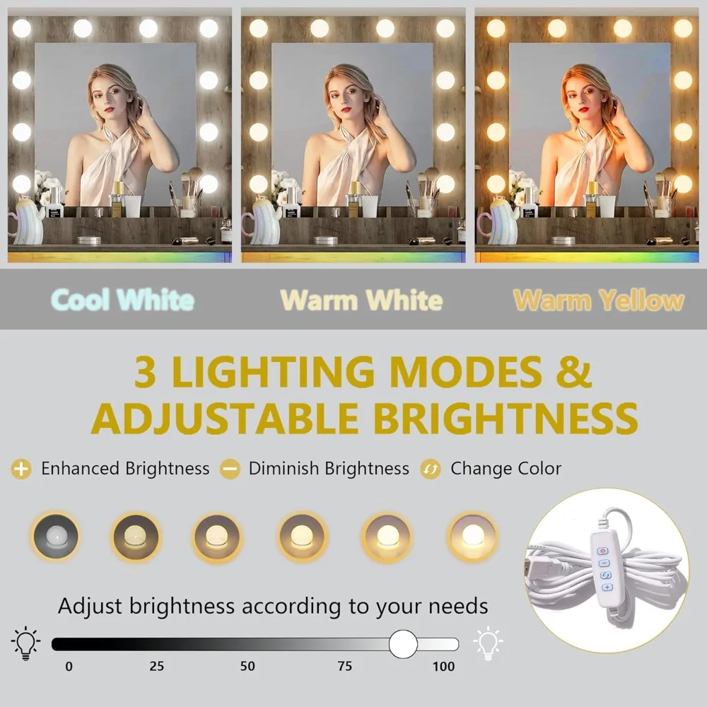 مكتب مكياج مع مرآة، مجموعة طاولة تزيين رمادية مقاس 43 بوصة، 5 أدراج، كرسي، مخرج طاقة، 3 أوضاع إضاءة، مكياج حديث