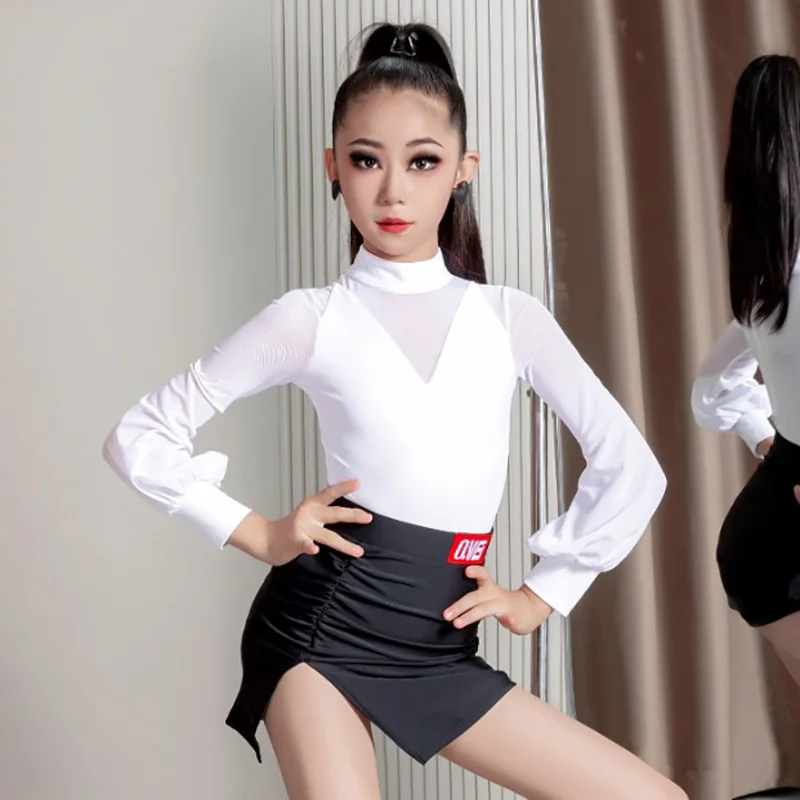 

Kids Girls Latin Dance Costumes White Mesh Long Sleeve Bodysuit and Skirts Sets Children's Rumba Chacha Performance Dancewear