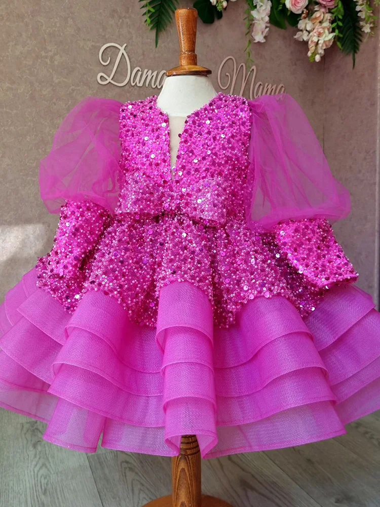 Vestido de princesa de manga larga con lentejuelas para niña, ropa mullida de lujo con cuello en V a la moda para banquete, Carnaval y actuación, novedad de 2024