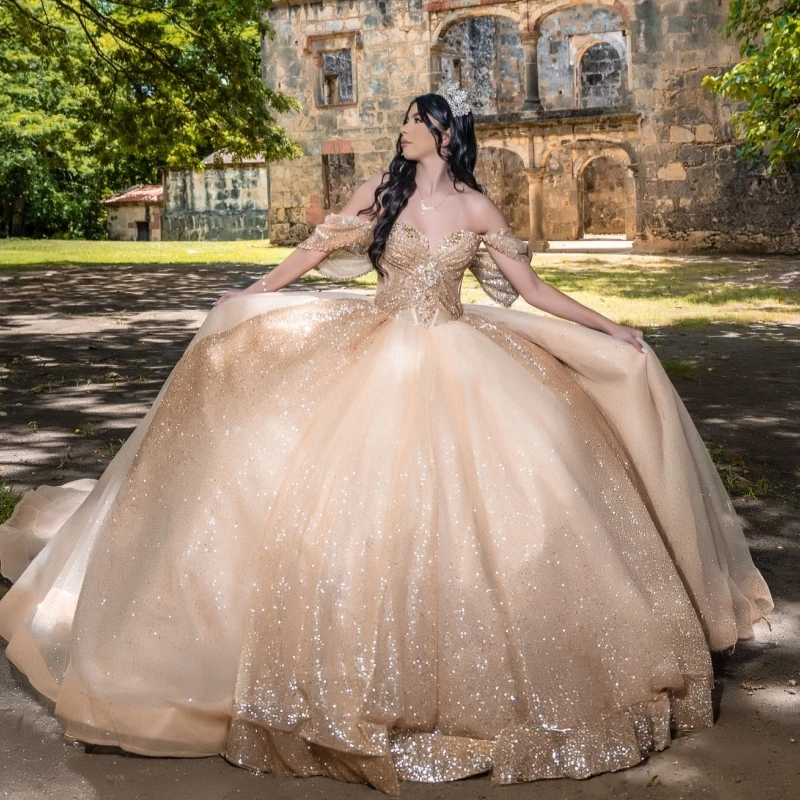 Champagne Shiny Quinceanera Dresses Ball Gown Off The Shoulder Beads Tull Party Birthday Sweet 16 Dress Vestidos 15 Anos