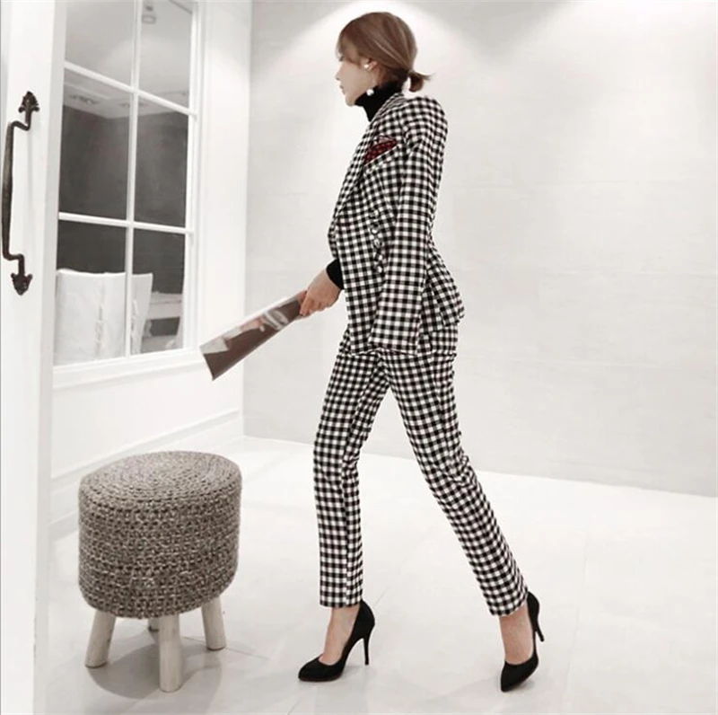 Women Slim Fit Plaid Blazer Suit Set Casual Office Lady Single Button Elegant Blaiser Mujer 2022 New Houndstooth Blazerpants