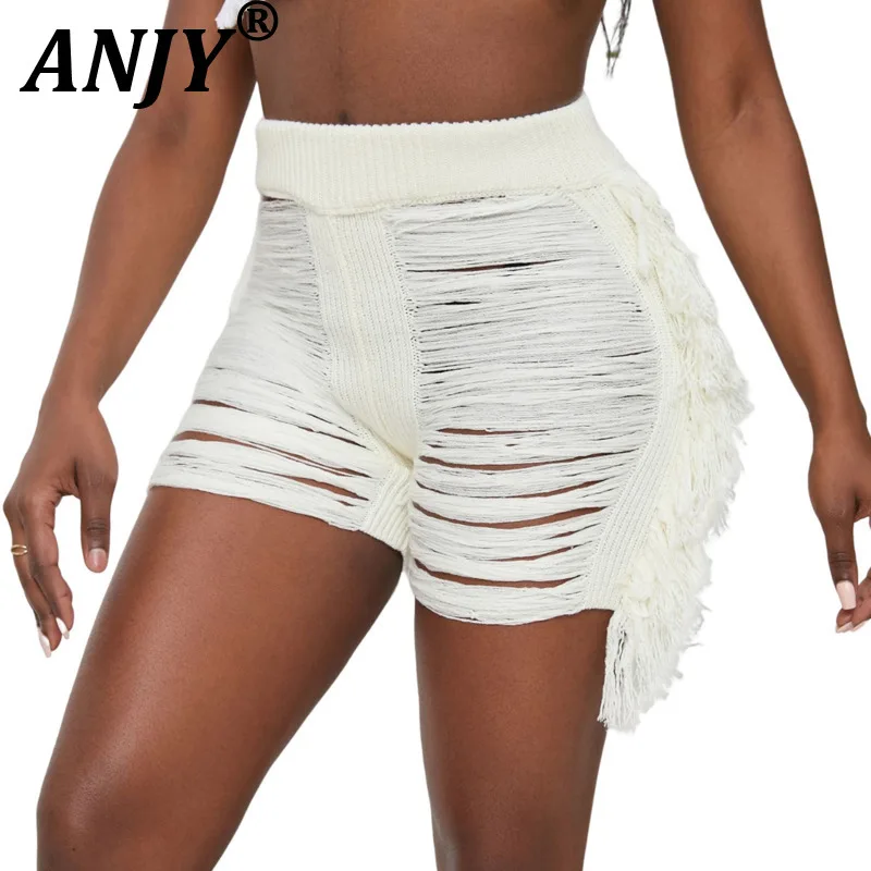 ANJY Summer New Women Fashion Sexy Woolen Knitted Tassel Beach Shorts Trendy Stylish Solid Color Casual Stretchable Pants A21197