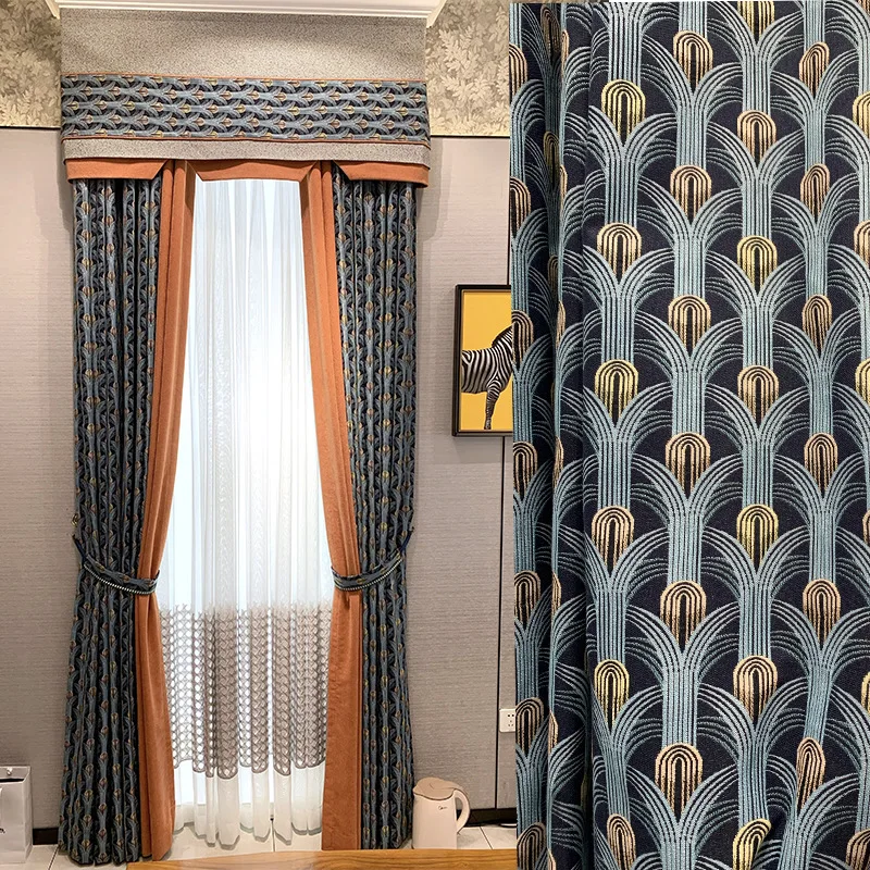 

Custom luxury American simple jacquard collocation color blue shading cloth blackout curtain tulle valance drape C1701