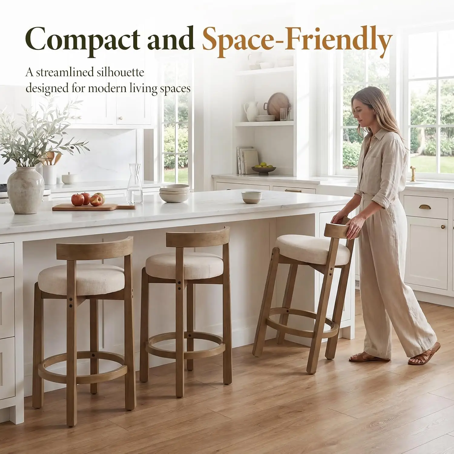 Mid-Century Bar Stools Set of 2, 26.5 Inch Linen Counter Height Barstools with Wooden Legs for Kitchen Dining, Customized