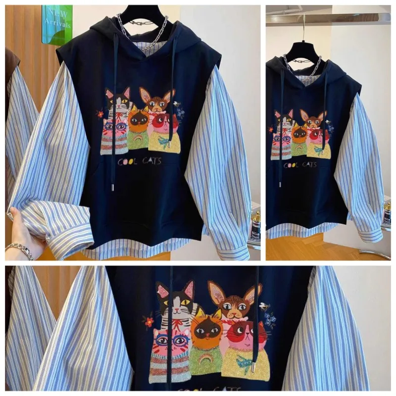 Big Size Fat Sister Fake Two Hooded Hoodie Women's New Spring Design Sense Niche Striped Patchwork Cat Top High Appearance Level