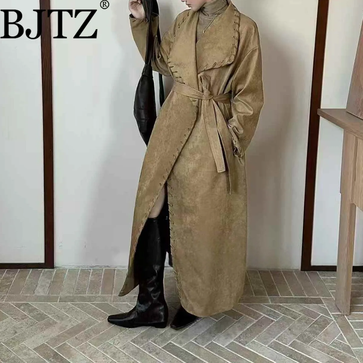 

BJTZ 2025 Women's Long Belted Trench Coat Vintage Chic Slim Fit Solid New Tailored Pockets Elegant Luxury Casual Spring Autumn