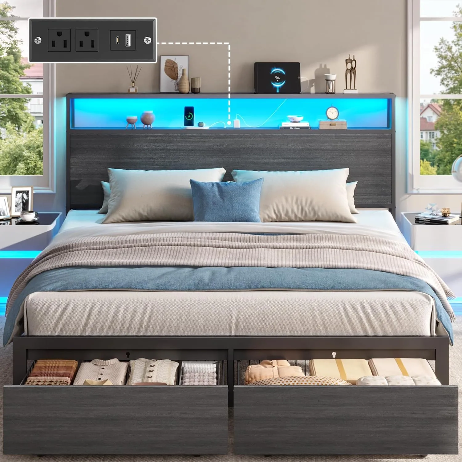 Queen Bed Frame with 2-Layer Storage Headboard, Platform Metal Bed Frame w