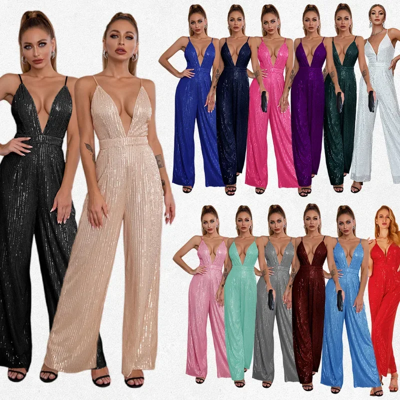 Deep V Backless Sleeveless Solid Color Casual Onesie Spice Girl Temperament Sequined Suspender Jumpsuit Spring And Summer New De