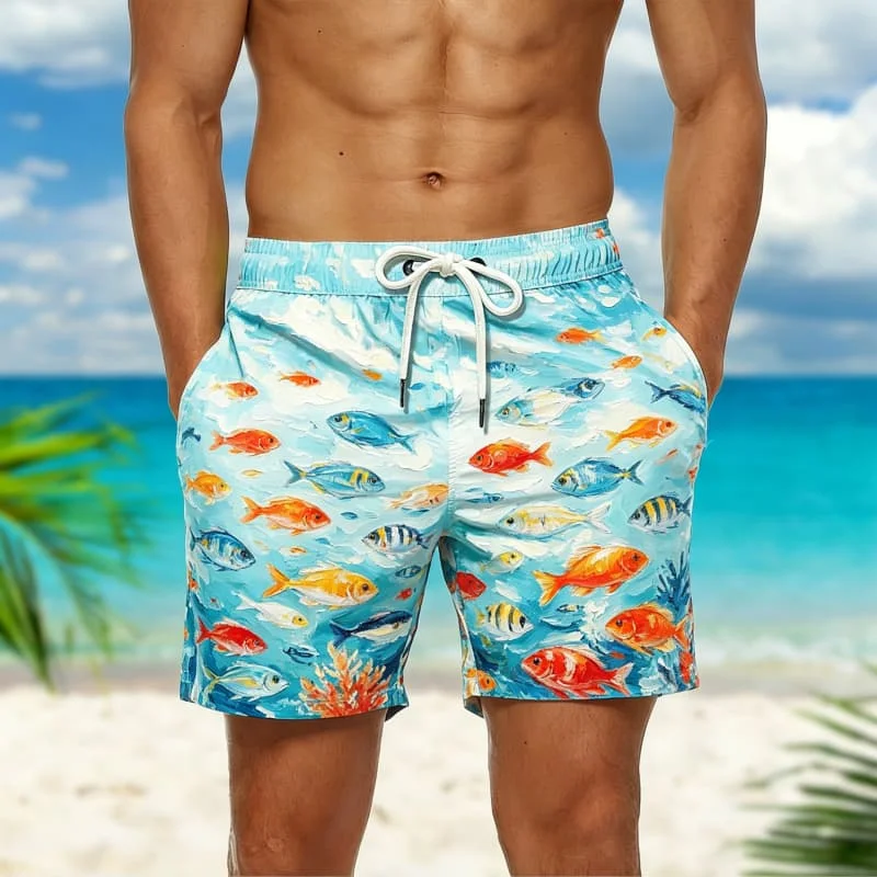 Men's Artistic Impressionist & Watercolor Print Casual Shorts， for Garden Parties, Picnics, Casual Hangouts & Fresh Styling